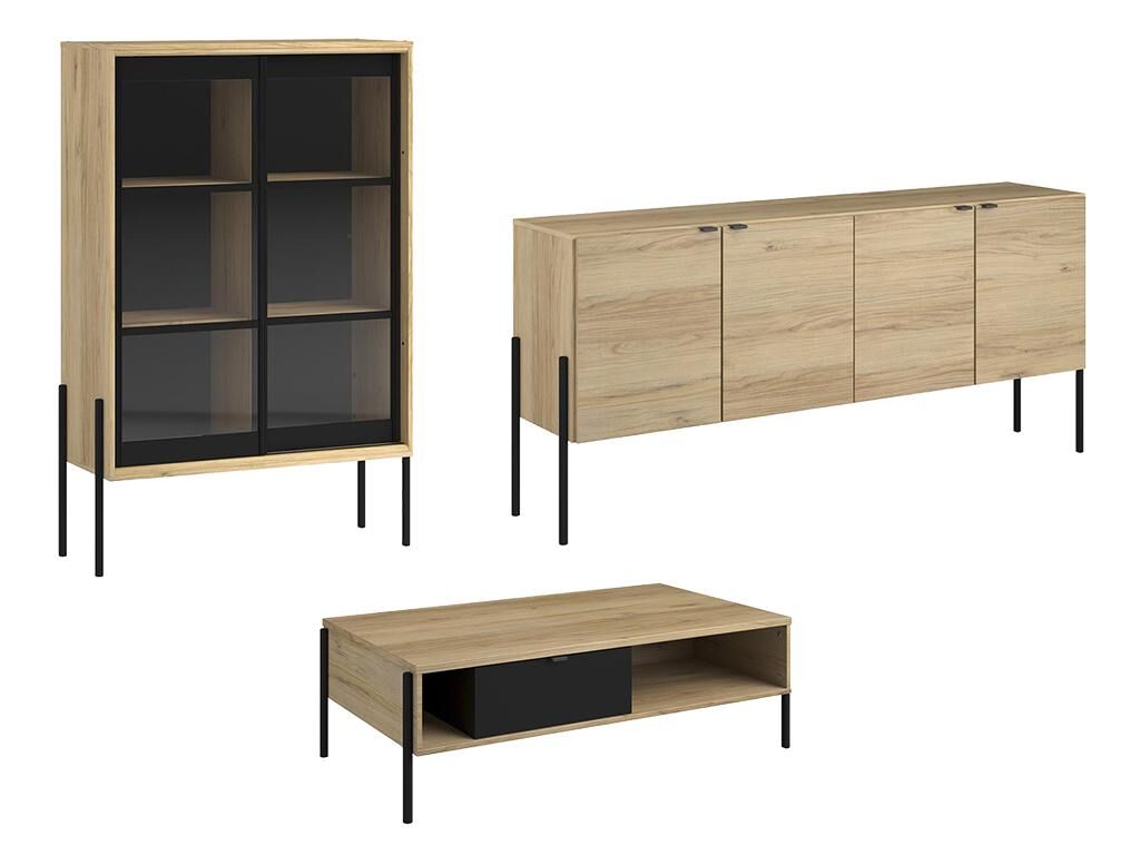 Vente-unique.ch Sparset MEMPHIS: Couchtisch + Sideboard + Vitrinenschrank - Eiche & Schwarz