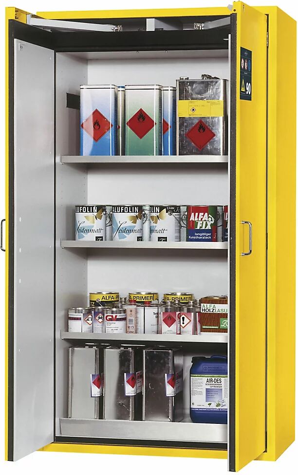 asecos Feuerbeständiger Gefahrstoffschrank Typ 90 2-türig, Außen-HxBxT 1968 x 900 x 615 mm gelb, Edelstahl