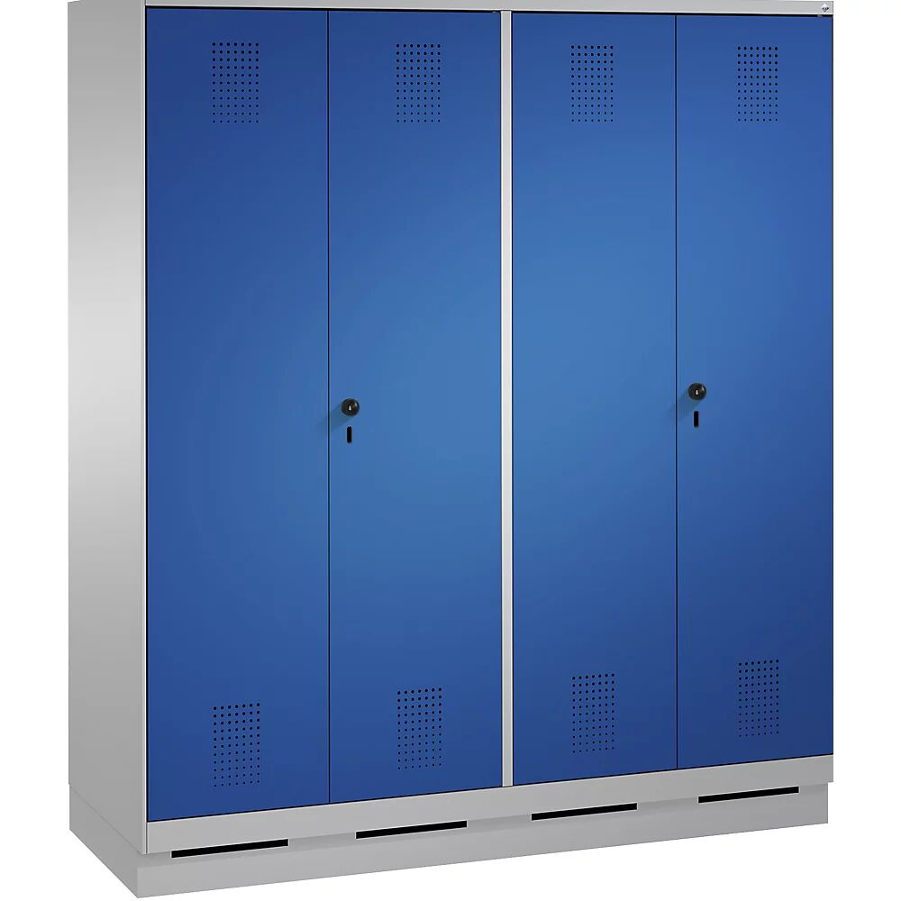 C+P EVOLO Garderobenschrank, zueinander schlagende Türen 4 Abteile, Abteilbreite 400 mm, mit Sockel weißaluminium / enzianblau