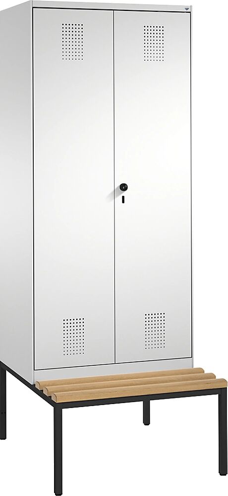 C+P EVOLO Garderobenschrank, zueinander schlagende Türen, mit Sitzbank 2 Abteile, Abteilbreite 400 mm lichtgrau