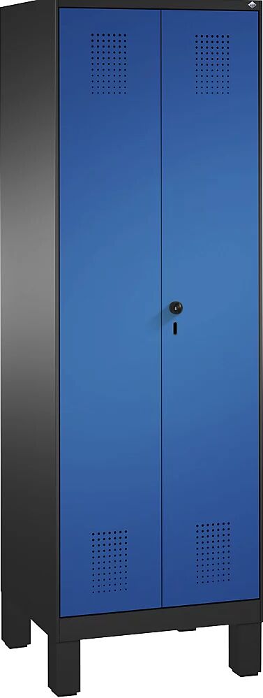 C+P EVOLO Raumpflege-/Geräteschrank verkürzte Trennwand, 6 Haken, Abteile 2 x 300 mm, mit Füßen schwarzgrau / enzianblau