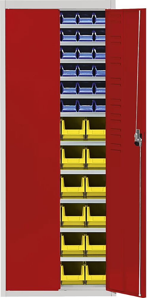 mauser Magazinschrank HxBxT 1740 x 680 x 280 mm, mit Sichtlagerkästen, zweifarbig Korpus grau, Türen rot, 60 Kästen