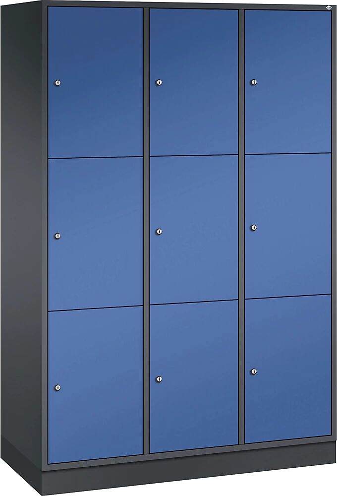 C+P INTRO Stahl-Schließfachschrank, Fachhöhe 580 mm BxT 1220 x 500 mm, 9 Fächer Korpus schwarzgrau, Türen enzianblau