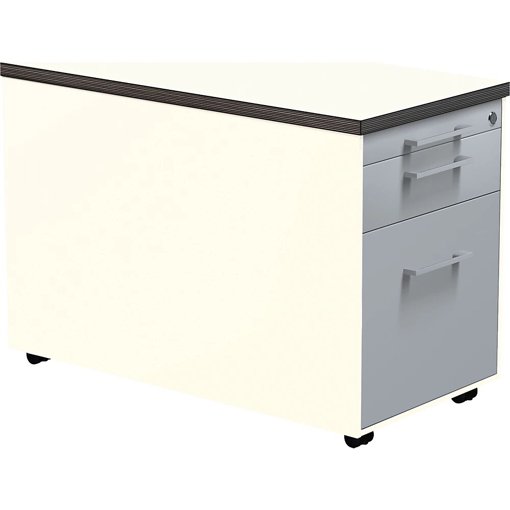 mauser Schubladencontainer auf Rollen HxT 529 x 800 mm, 1 Materialschub, 1 Hängeregistratur reinweiß / alusilber / weiß