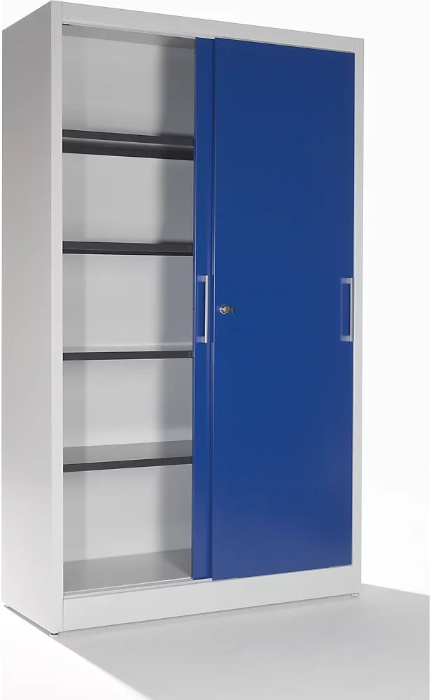 mauser Schiebetürschrank mit 4 Fachböden HxBxT 1965 x 1200 x 420 mm, lichtgrau / ultramarinblau