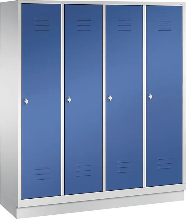 C+P CLASSIC Garderobenschrank mit Sockel 4 Abteile, Abteilbreite 400 mm lichtgrau / enzianblau