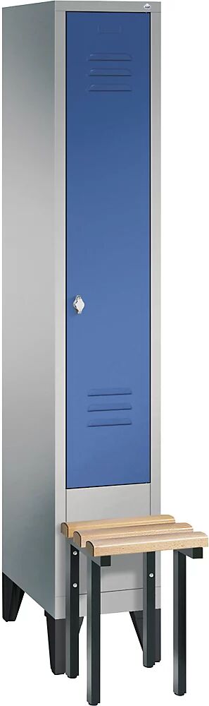 C+P CLASSIC Garderobenschrank mit vorgebauter Sitzbank 1 Abteil, Abteilbreite 300 mm weißaluminium / enzianblau