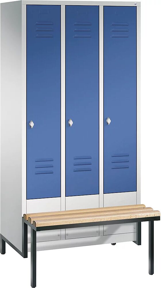 C+P CLASSIC Garderobenschrank mit Sitzbank 3 Abteile, Abteilbreite 300 mm lichtgrau / enzianblau