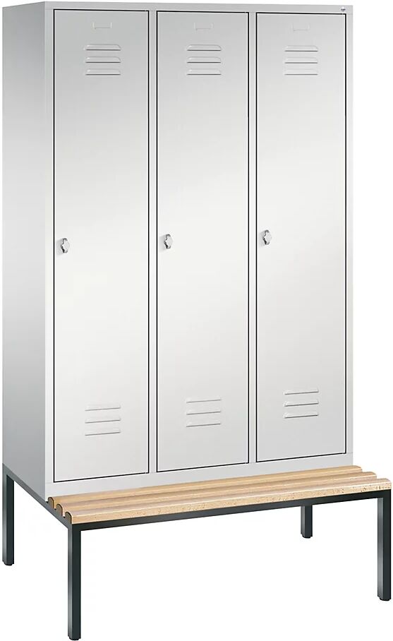 C+P CLASSIC Garderobenschrank mit untergebauter Sitzbank 3 Abteile, Abteilbreite 400 mm lichtgrau