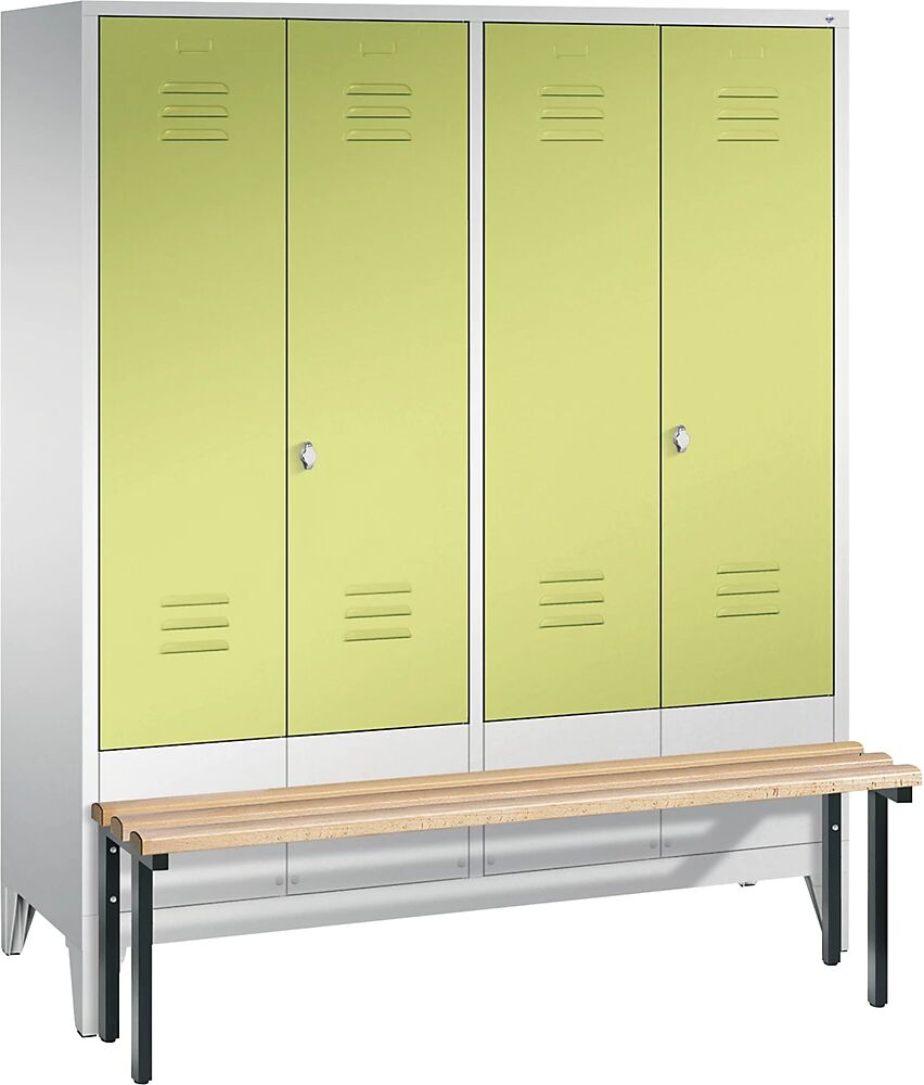 C+P CLASSIC Garderobenschrank mit vorgebauter Sitzbank, zueinander schlagende Türen 4 Abteile, Abteilbreite 400 mm lichtgrau / viridingrün