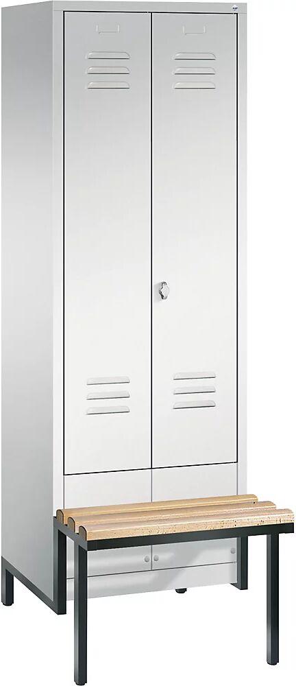 C+P CLASSIC Garderobenschrank mit Sitzbank, zueinander schlagende Türen 2 Abteile, Abteilbreite 300 mm lichtgrau