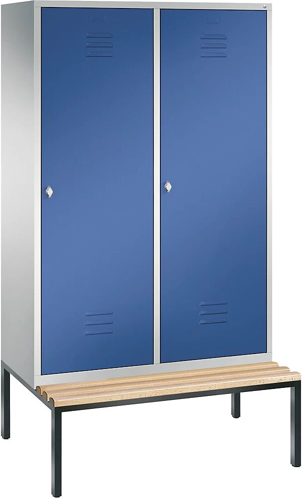 C+P CLASSIC Garderobenschrank mit untergebauter Sitzbank, Tür über 2 Abteile 4 Abteile, Abteilbreite 300 mm lichtgrau / enzianblau