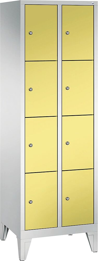 C+P CLASSIC Fächerschrank mit Füßen 2 Abteile, je 4 Fächer, Abteilbreite 300 mm lichtgrau / schwefelgelb