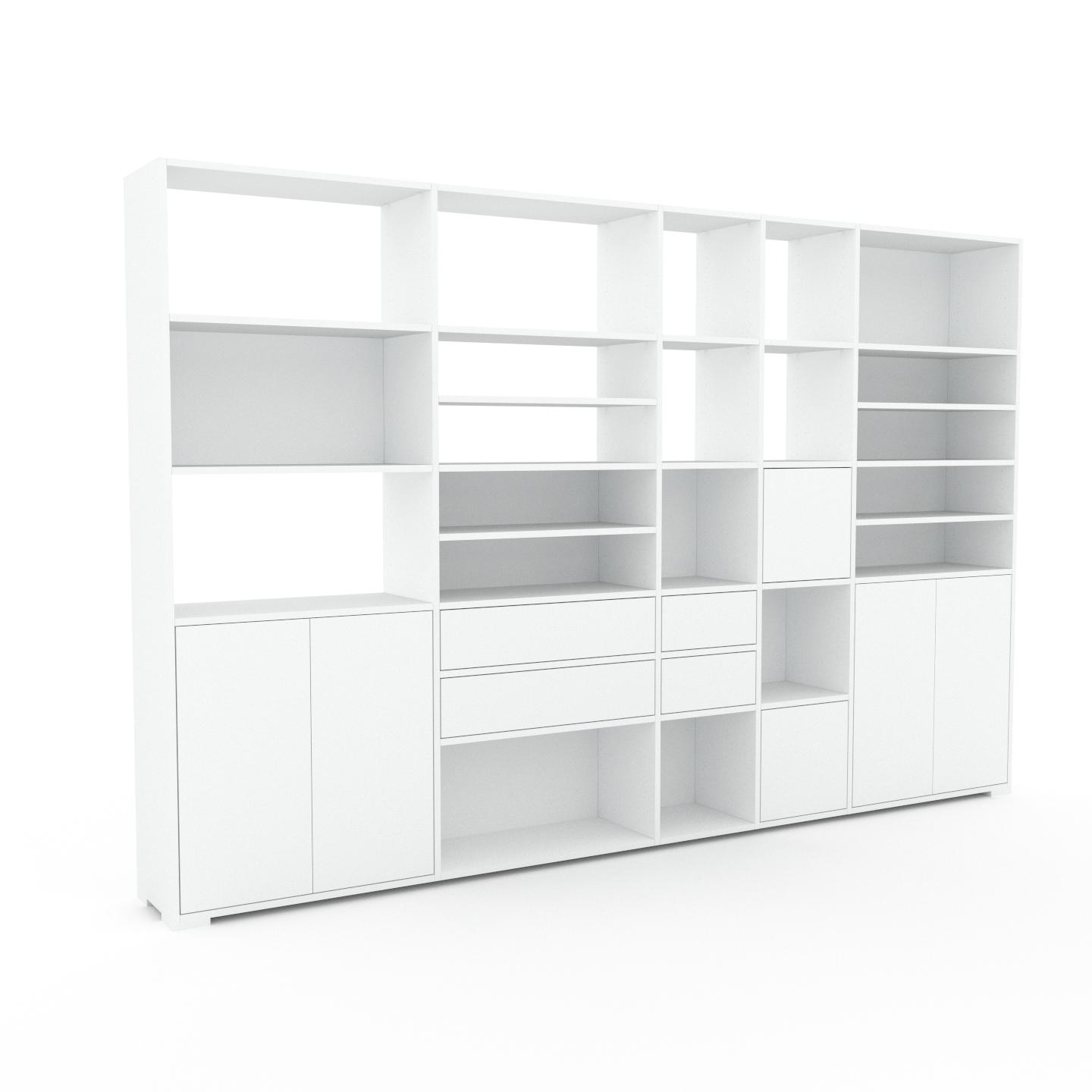 MYCS Wohnwand Weiß - Individuelle Designer-Regalwand: Schubladen in Weiß & Türen in Weiß - Hochwertige Materialien - 303 x 196 x 35 cm, Konfigurator