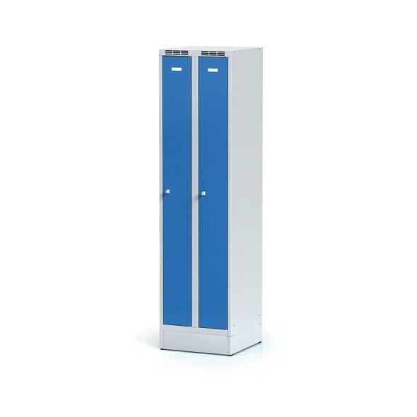 Alfa 3 Kovová šatní skříňka zúžená na soklu, modré dveře, otočný zámek