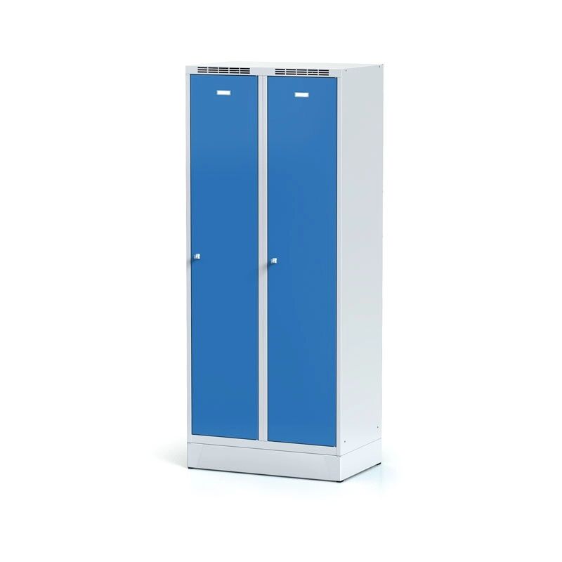 Alfa 3 Kovová šatní skříňka s mezistěnou na soklu, modré dveře, cylindrický