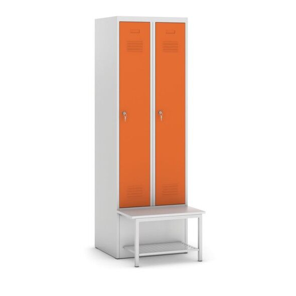 KOVOS Šatní skříňka s lavičkou a policí, oranžové dveře, cylindrický zámek