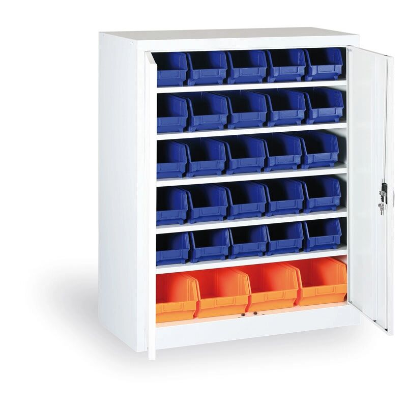 B2B Partner Skříň s plastovými boxy 1150x920x400 mm, 30xb/4xc, šedá/modré dveře