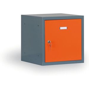 Alfa 3 Einzelschließfach aus Metall mit abschließbarem Kasten 400 x 400 x 400 mm, Korpus Anthrazit, orange Tür, Zylinderschloss