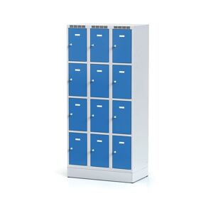 Alfa 3 Metallspind auf Sockel mit Aufbewahrungsboxen, 12 Boxen, blaue Tür, Drehriegelschloss
