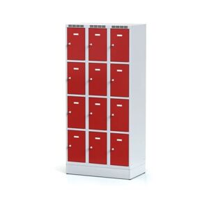 Alfa 3 Metallspind auf Sockel mit Aufbewahrungsboxen, 12 Boxen, rote Tür, Drehriegelschloss