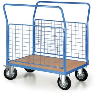 B2B Partner Plattformwagen mit 2 Gitterwänden, 1200 x 800 mm, Tragfähigkeit 500 kg, Rollen 200 mm, schwarzer Gummi