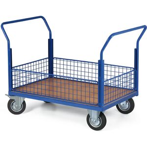 B2B Partner Plattformwagen mit 4 niedrigen Gitterwänden, 1200 x 800 mm, Tragfähigkeit 500 kg, Rollen 200 mm, schwarzer Gummi