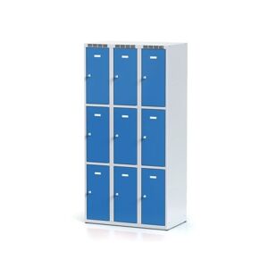 Alfa 3 Schließfachschrank aus Blech mit Aufbewahrungsboxen, 9 Boxen, blaue Tür, Zylinderschloss