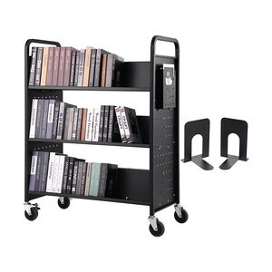 VEVOR Bibliothekswagen 1000 x 510 x 1250 mm Abräumwagen 3 Regale Bücherwagen Kohlenstoffstahl + kaltgewalzte Stahlplatte Servierwagen 150 kg Gewichtskapazität (50 kg pro Regal) inkl. 2 Buchstützen