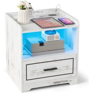 COSTWAY Table de Chevet LED avec port USB et TYPE-C, étagère ouverte et tiroir, 3 Couleurs de Lumière, Capteur Intelligent, 45 x 40 x 50 cm