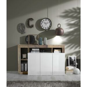 DMORA Modernes 3-türiges Sideboard mit offenen Fächern, Made in Italy, Küchen-Sideboard, Wohnzimmer-Design-Buffet, 146 x 42 h 93 cm, glänzendes Weiß und