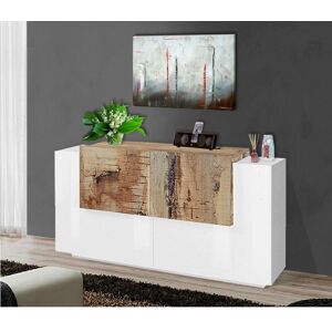 Modernes Sideboard mit 4 Türen, Made in Italy, Küchen-Sideboard, Wohnzimmer-Design-Buffet, 160x45h86 cm, Glanzweiß und Ahornfarbe - Dmora