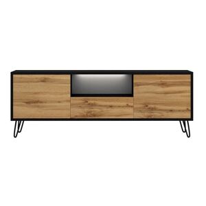 Ploystea - TV-Schrank mit offenem Fach und 3 geschlossenen Fächern, modern, 137 cm breit (Schwarz / Wotan Eiche, mit led) - Selsey