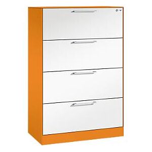 Karteikartenschrank, 2-bahnig fÃ¼r A4 quer, 4 SchÃ¼be mit Vollauszug & BÃ¼gelgriffen, Zentralverschluss, B 800 x T 435 x H 1298 mm, orange/weiÃŸ