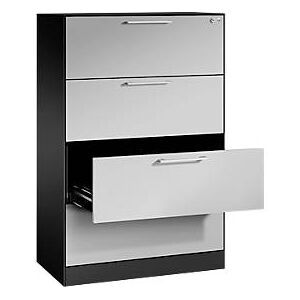 Karteikartenschrank, 2-bahnig fÃ¼r A4 quer, 4 SchÃ¼be mit Vollauszug & BÃ¼gelgriffen, Zentralverschluss, B 800 x T 435 x H 1298 mm, schwarzgrau/alusilber