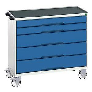 Mobiler Schubladenschrank Bott verso, 5 Schübe, bis 50 kg je Schub, Vollauszug, B 1050 x T 550 x H 965 mm, Stahlblech, Grau-Blau