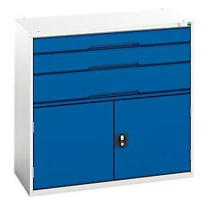 Schubladenschrank Bott verso, 3 Schübe, bis 75 kg je Schub, Flügeltür, Vollauszug, B 1050 x T 550 x H 1000 mm, Stahlblech, Grau-Blau