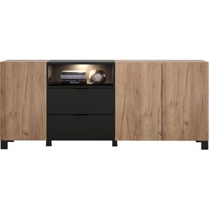 Sideboard mit Beleuchtung, 3 Türen, Eiche, schwarz matt KEMBA-19