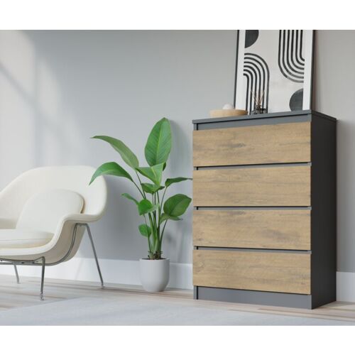 3E 3XE LIVING.COM Komodenschrank mit 4 Schubladen, Farbe: ANTHRAZIT/EICHE LANCELOT, A: 70 x 101 x 39 cm , Schubladenkommode, Kommode mit Schubladen, Sideboard