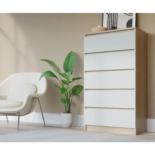 3E 3XE LIVING.COM Komodenschrank mit 5 Schubladen, Farbe: sonoma eiche/weiss, a: 70 x 125 x 39 cm , Schubladenkommode, Kommode mit Schubladen, Sideboard Wohnzimmer,