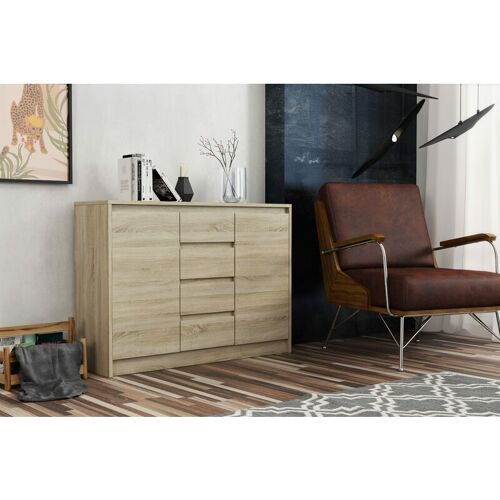 3E 3XE LIVING.COM Komodenschrank mit 4 Schubladen, Farbe: Sonoma Eiche, a: 113 x 82 x 35 cm, Schubladenkommode, Kommode mit Schubladen, Schlafzimmer Kommode, Kommode