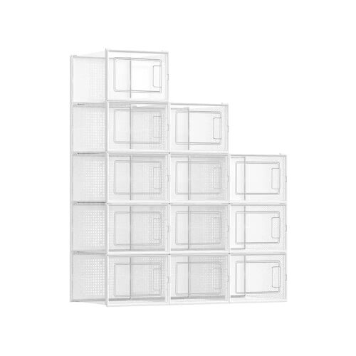SONGMICS 12er-Set Schuhboxen mit Deckel, Transparent + Weiß / 46