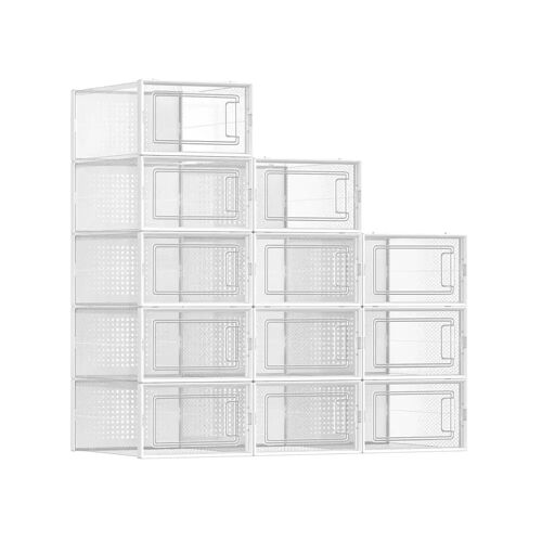 SONGMICS 12er-Set Schuhboxen mit Deckel, Transparent + Weiß / 44