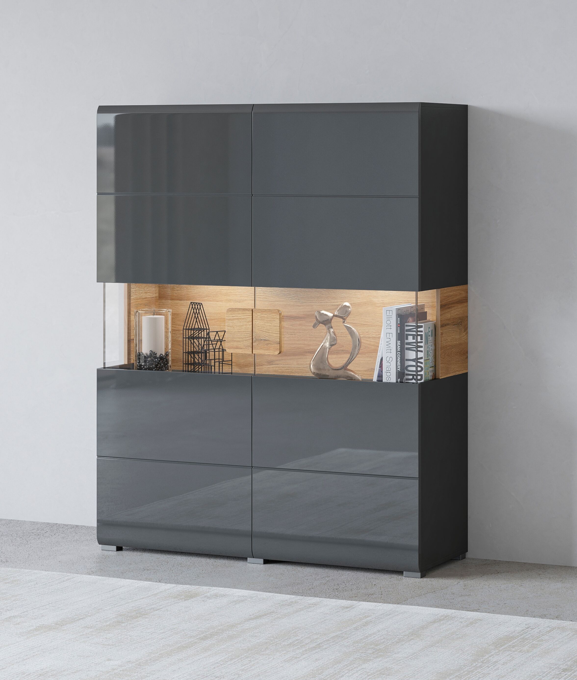 Highboard INOSIGN "Toledo,Breite 121,5 cm, trendige Hochkommode mit 2 Türen" Sideboards antrazit matt, hgl, alteiche Highboards Hochschrank mit Glas-Partien,stylische Hochglanzfronten