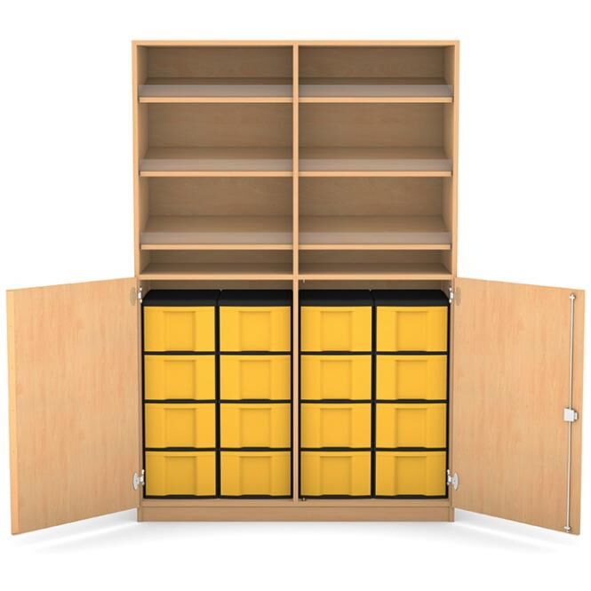 Flexeo-Systemmöbel Flexeo® Schrank mit Schrägablagen und Mittelwand, 190 x 126,4 cm - mit 16 hohen Boxen
