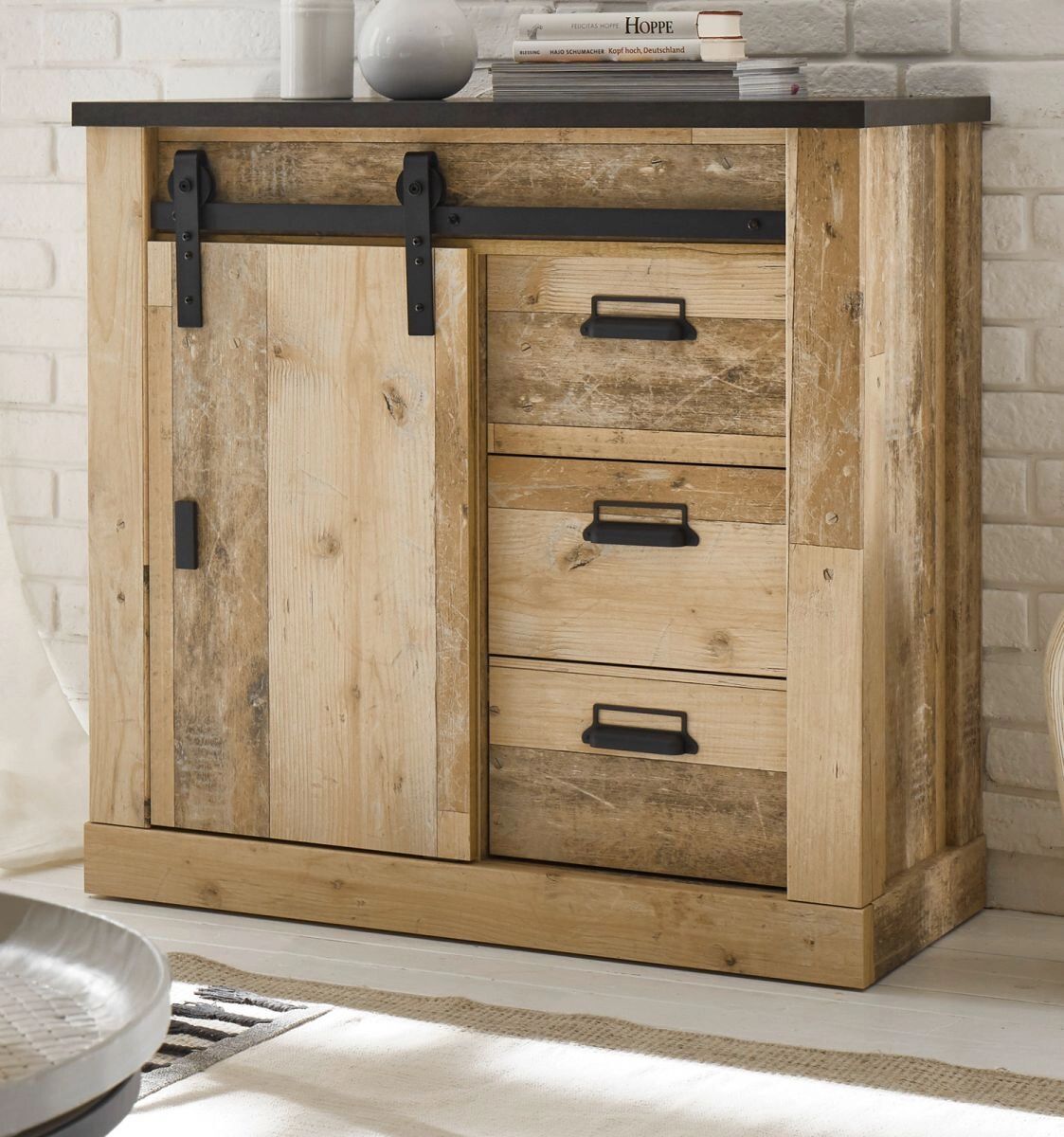 Furn.Design Kommode "Stove" in Used Wood hell und anthrazit Wohn- und Esszimmer Sideboard 93 x 91 cm