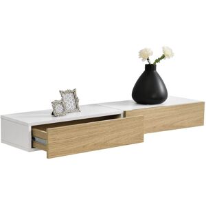 [en.casa]® Væghylde / Sengebord med skuffe - sæt 2 stk. - hvid / træ udseende - 50x24x12cm