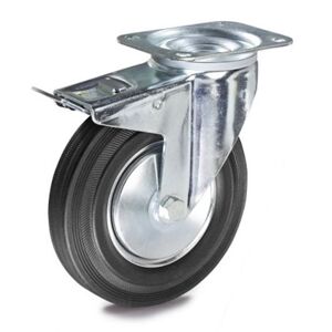 Gummihjul med stålfælg, drejelige med bremse, hjul ØxB 80x25 mm