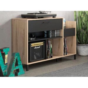 Unique Mueble para vinilos y tocadiscos JAZZY - Con compartimentos - Color: roble y negro