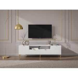 Unique Mueble TV con 2 puertas, 2 cajones y 2 estantes de MDF y acero - Blanco y dorado - YESINIA